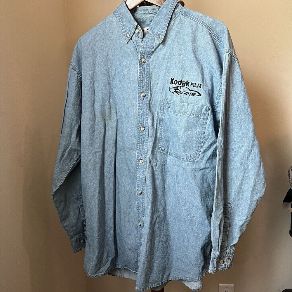 Vintage 90s Kodak Film Racing Large NASCAR Denim Button Up Shirt Bobby Hamilton
